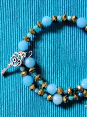 Gold Sky Blue Turquoise Beaded Wrap Bracelet